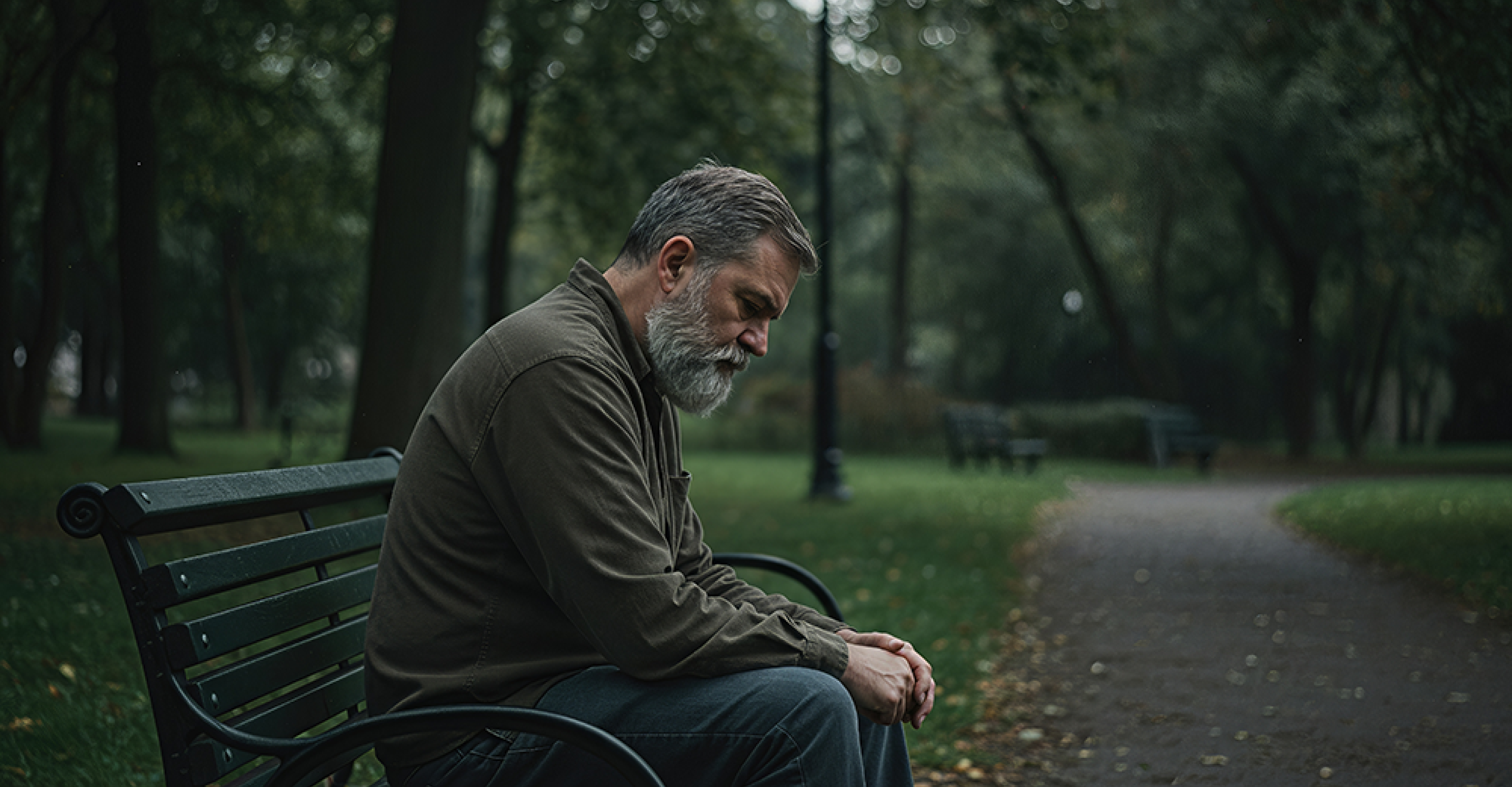 Man sitting on park bench looking sad